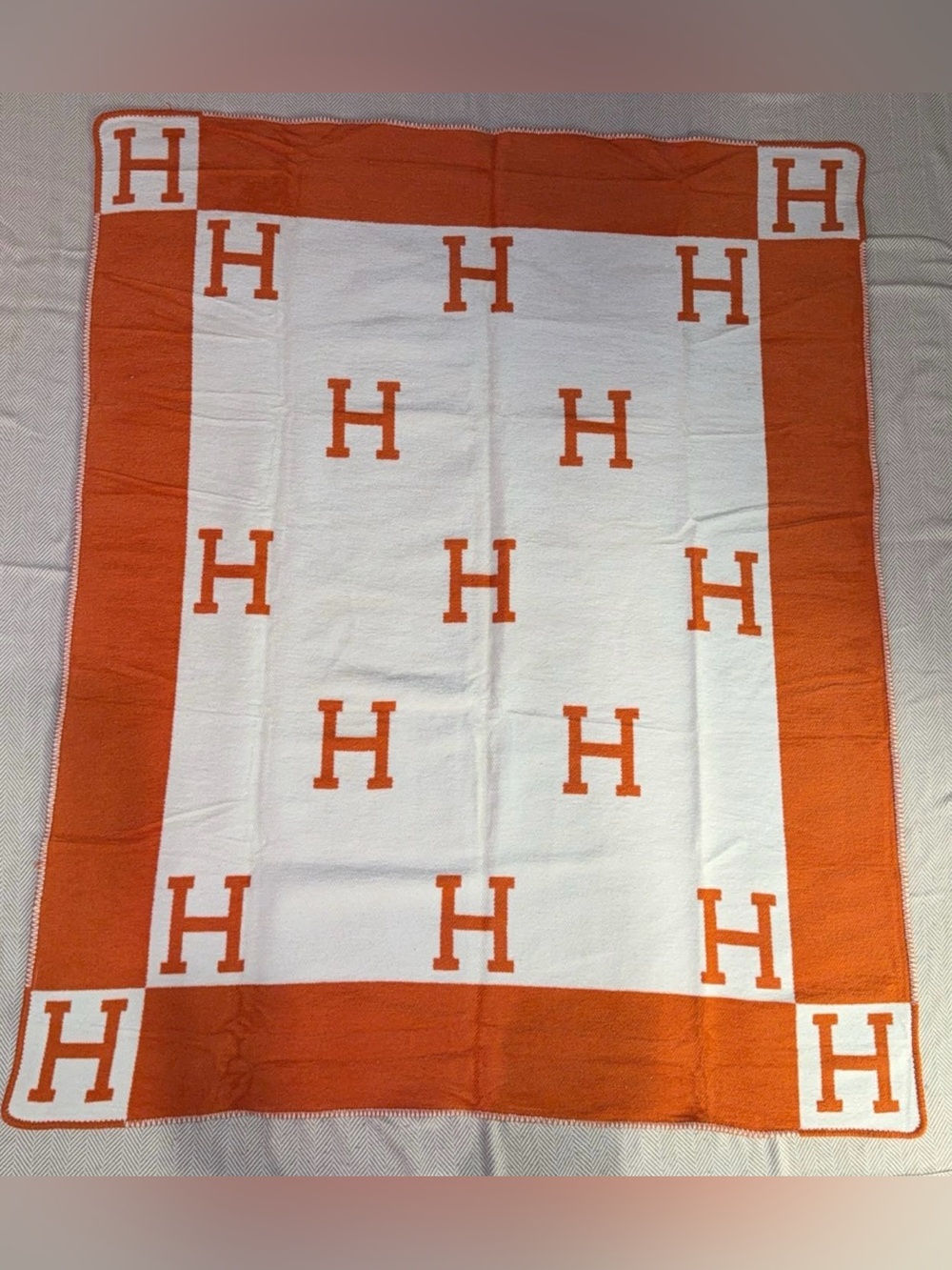 Hermes Avalon throw blanket Classic Orange/White Wool And Cashmere - Picture 6 of 7
